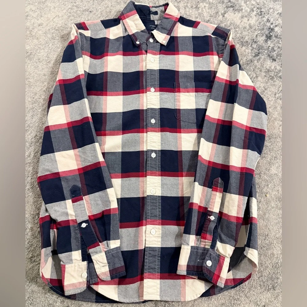 J. Crew Men's Oxford Shirt Red White Navy Plaid LS Button‎ Down Collar Sz slim M